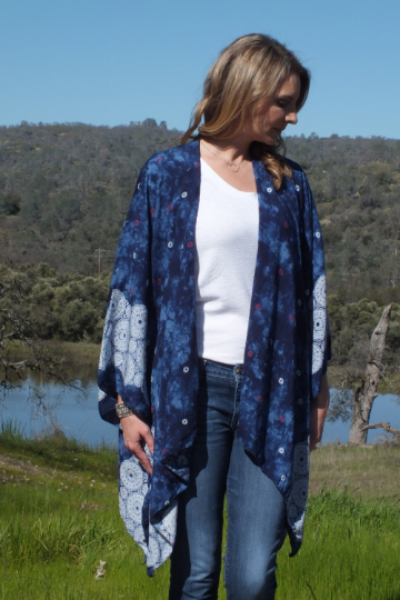 Blue Tie Dye Print Kimono Ruana Top