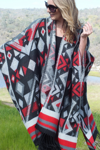 Geometric Ethnic Southwest Print Jacket Blanket Cape Oversized Top