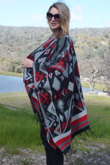Geometric Ethnic Southwest Print Jacket Blanket Cape Oversized Top
