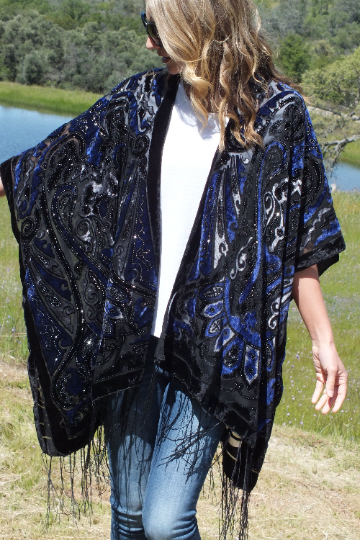 Black Burnout Velvet Paisley Print Duster Kimono Top