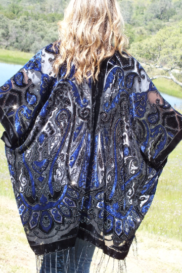 Black Burnout Velvet Paisley Print Duster Kimono Top