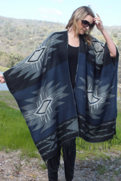 Aztec Blue Ethnic Southwestern Blanket Kimono