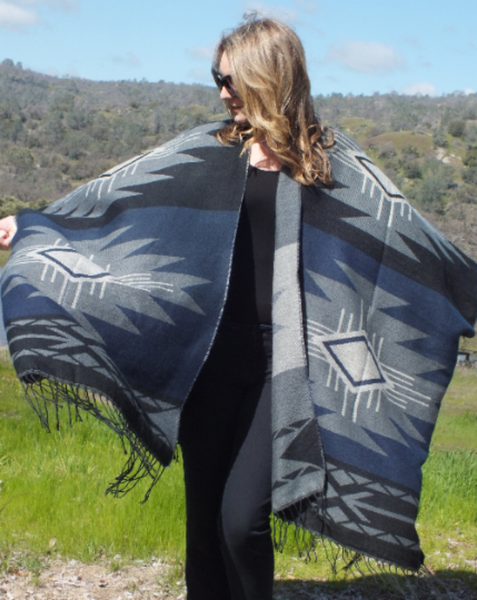 Aztec Blue Ethnic Southwestern Blanket Kimono