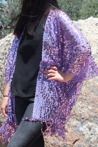 Lavender Purple Round Sequin Caftan Kimono Top One size