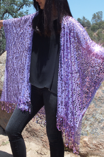 Lavender Purple Round Sequin Caftan Kimono Top One size