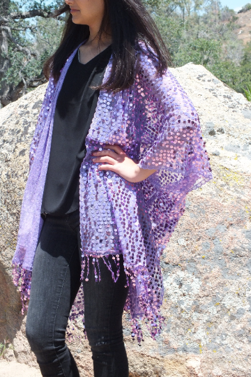 Lavender Purple Round Sequin Caftan Kimono Top One size