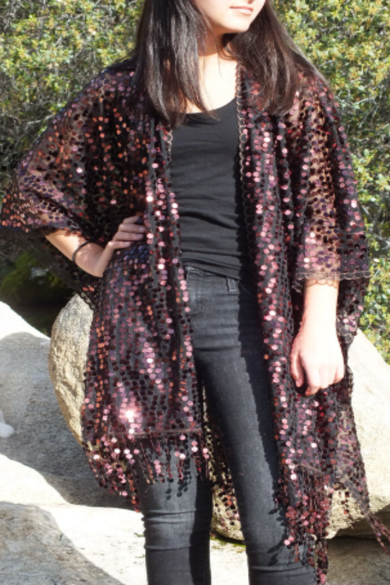 Brown Round Sequin Caftan Kimono Party Top One Size