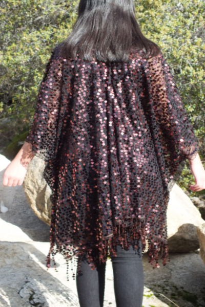 Brown Round Sequin Caftan Kimono Party Top One Size